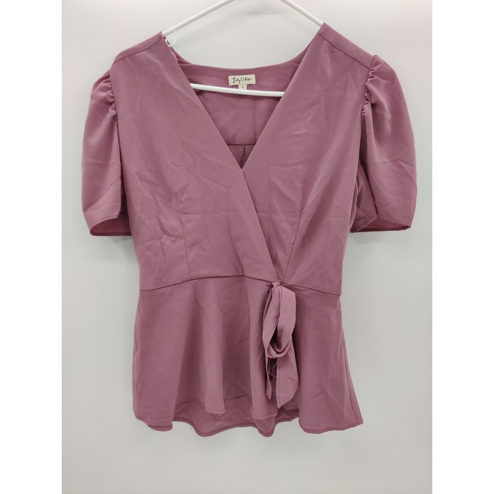 Lily White Wrap Peplum Top Puff Sleeve Tie Waist Mauve Pink‎ Size S